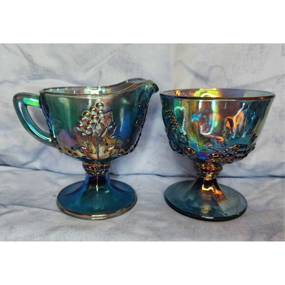 Blue Carnival Glass Cream and Sugar Set Harvest Grape 70s - Picture 1 of 6